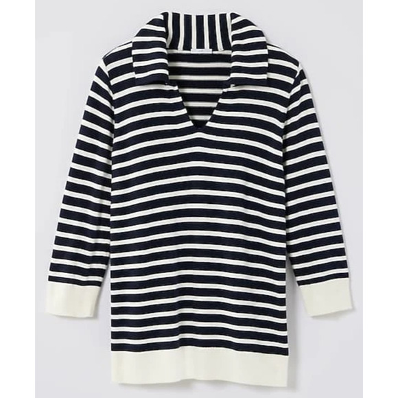 J Jill Top XL Knit Collared Pullover Sweater Striped Navy V Neck Nautical NWT - Picture 2 of 14